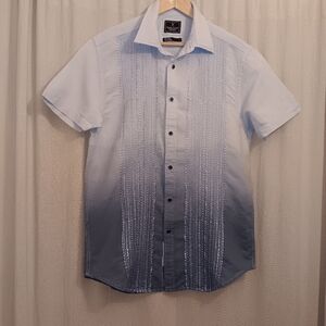 MARK ECKO NO.72 NEW YORK Blue Ombre Embroidered Casual Linen Shirt Mens SZ L